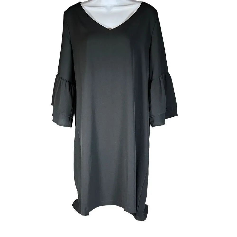 Belongsci Women's V-Neck Bell Sleeve Shift Dress Black Large